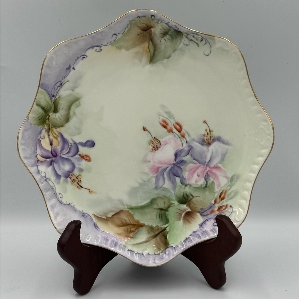 Vintage Bavarian Hand Painted Porcelain Plate Scalloped Edge with Gold Trim